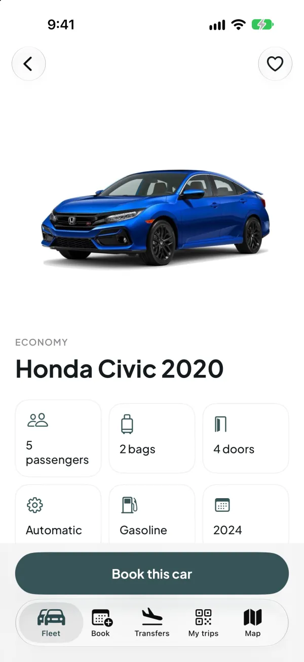 Car detail screen of a Honda Civic with passengers, bags, doors and transmission