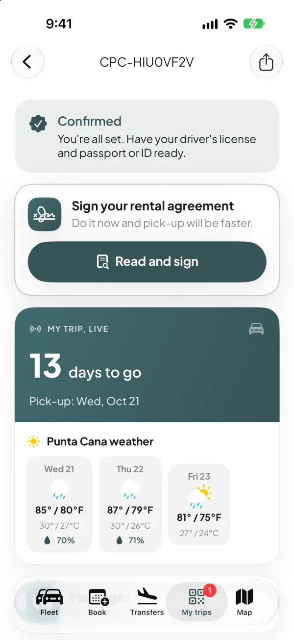 My trip screen with a confirmed booking, a countdown and the Punta Cana weather