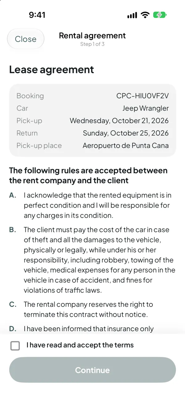 Cars Punta Cana app — sign the rental agreement