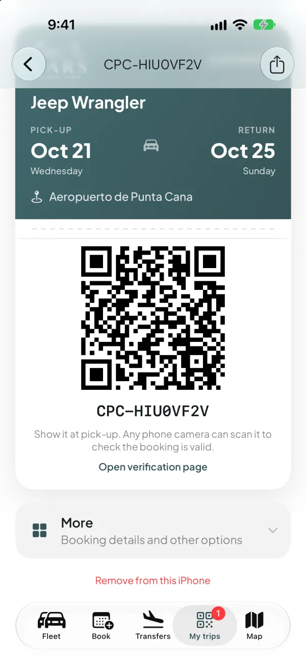 Cars Punta Cana app — booking pass with QR